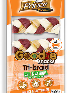 Prince Premium Goodie Snacks Rawhide & Juicy Middle Tri-Braid With Calcium Small 60G (5Pcs)