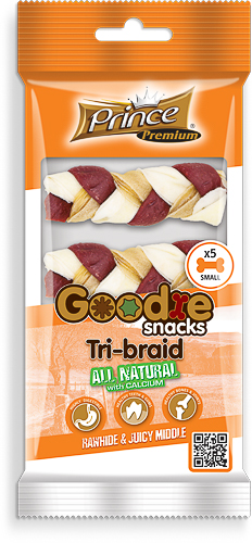 Prince Premium Goodie Snacks Rawhide & Juicy Middle Tri-Braid With Calcium Small 60G (5Pcs)